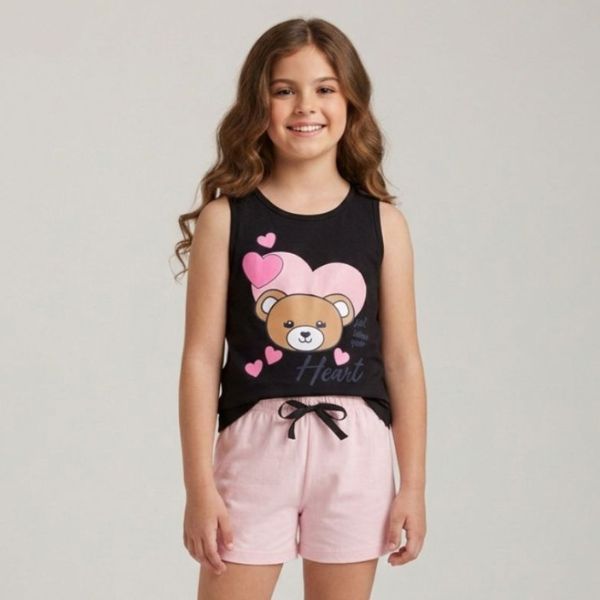 Conjunto Menina Regata Urso e Shorts Infantil Feminino Moda Verão Confortável Tamanho 4 ao 14
