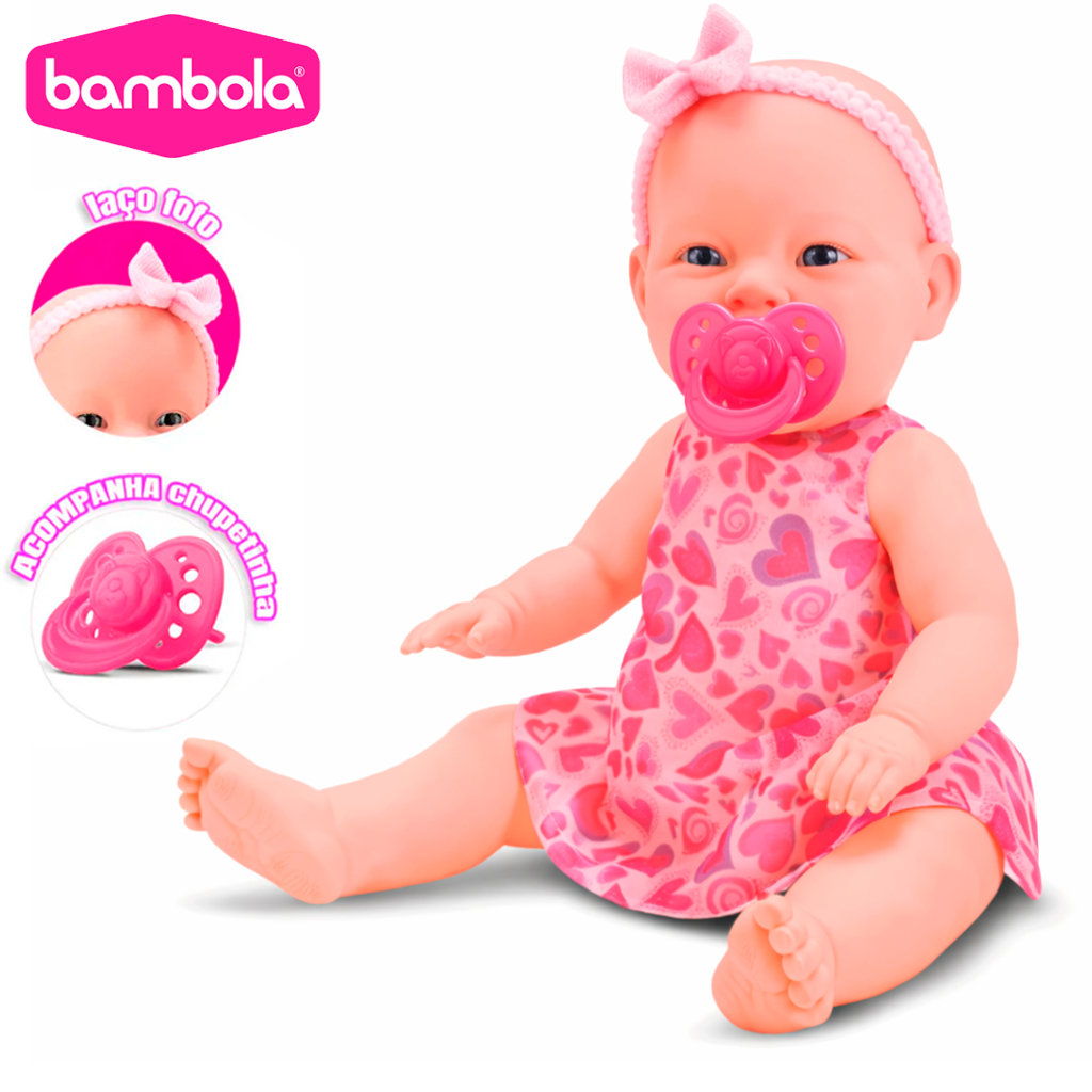 Boneca Com Chupeta Titi Bebê Menina Vinil Macio 34cm Com Roupinha Lacinho E Chupeta - Bambola