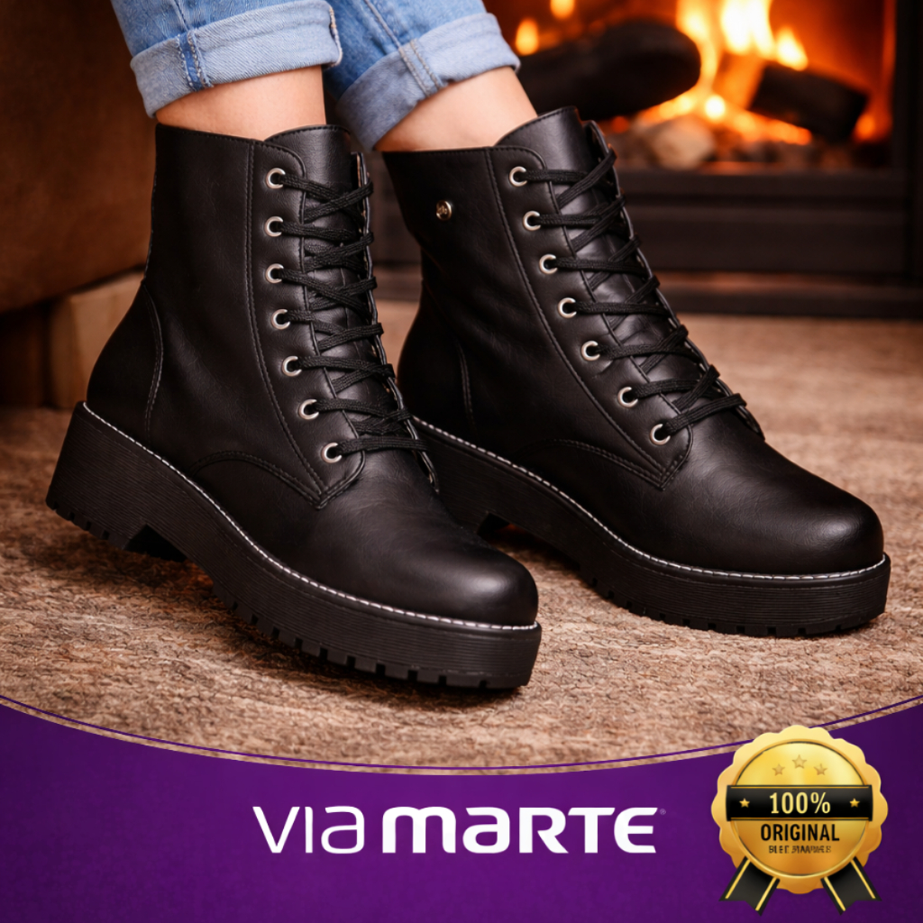 Bota Via Marte Feminina Coturno Solado Tratorado Flatform Cano Medio Militar Conforto Original