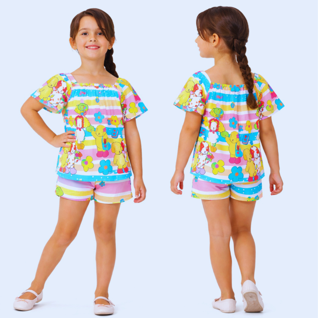 Conjunto Infantil Feminino Bata Short Estampa Cachorrinho Colorido Verão Tam 4 6 8 10 12