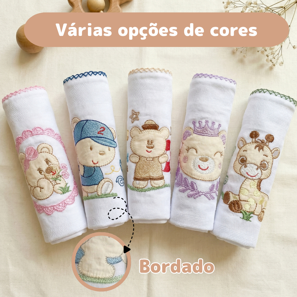 Kit 5 Fraldas de Pano Luxo Para Bebê Bordadas 70x70cm Tecido Duplo 100% Algodão Enxoval Menino Menina em Oferta na Shopee