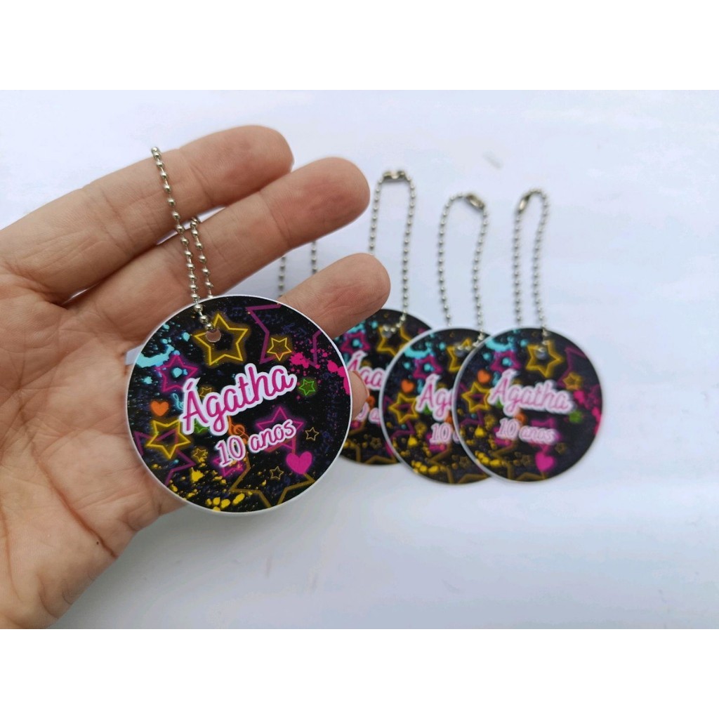 20/30/40/50 Tag Redonda 5cm Personalizada  FESTA NEON com correntinha - Tag para lembrancinha - Tag FESTA NEON