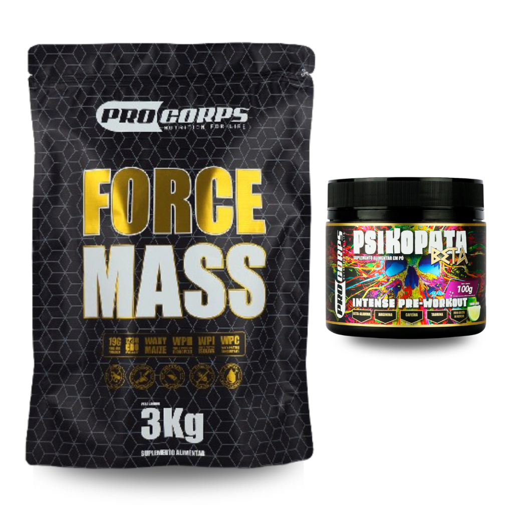 Hipercalórico Force Mass 3kg + Pré Treino Psikopata 100g Bulking