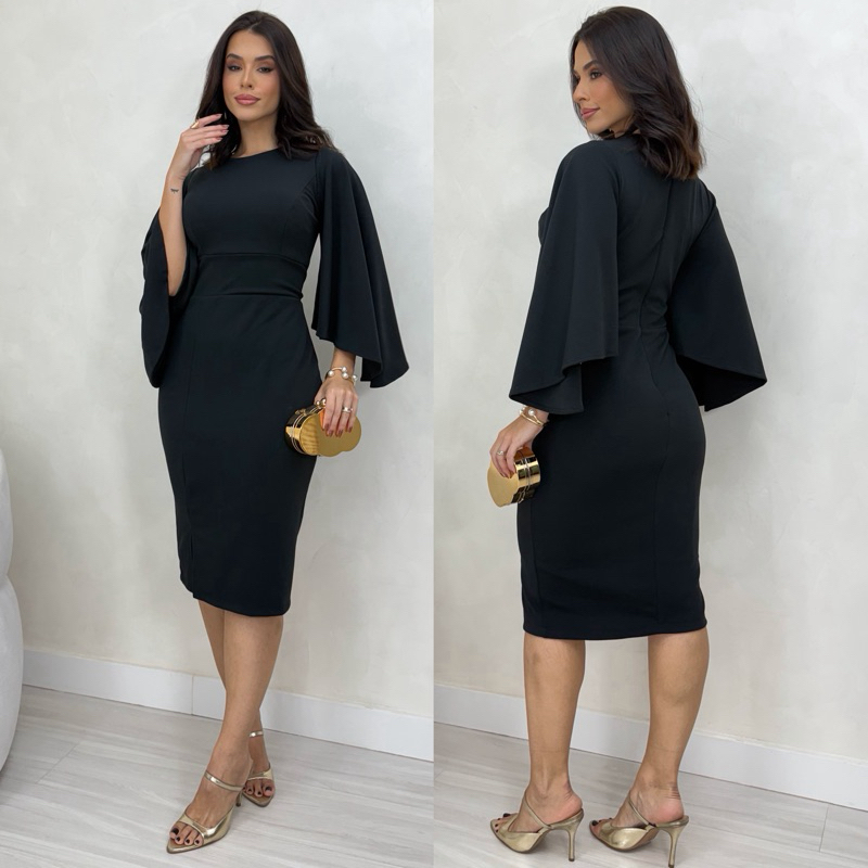0050 - Vestido com Mangas mídi Modesta Slim - Plus Size - Noiva Civil / Convidada / Festa / Evangélica / Social / cristã