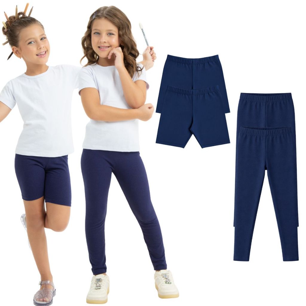 Kit 4 Peças Calça Bermuda Legging Cotton Uniforme Escolar Infantil Menina Tamanho 1 ao 16