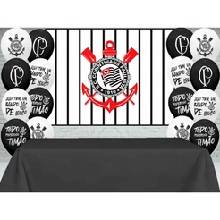 Kit Festa Time Corinthians - Decoração, Aniversário, Painel 1,40m + 20 Bexigas Balão Temáticos