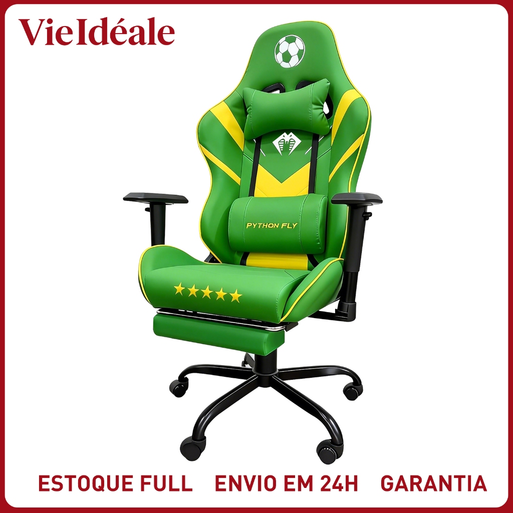 Cadeira Gamer Futebol Brasil Ergonômica 200kg Reclinável Apoio Pés Giratória Couro PU Computador PC
