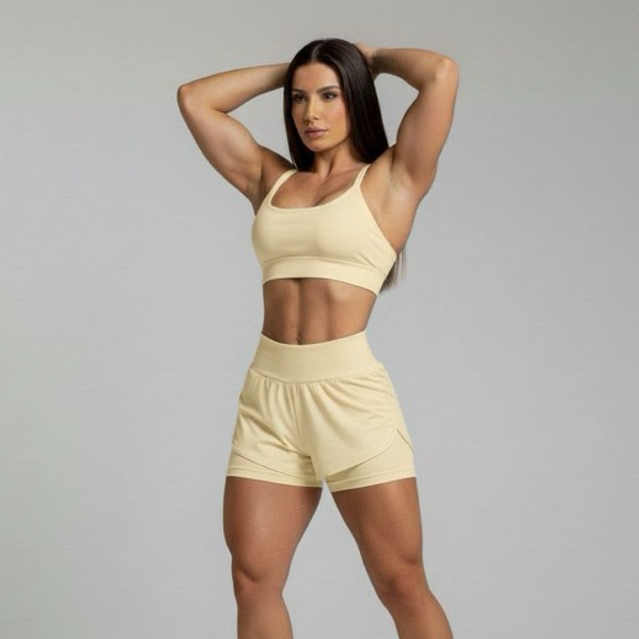 conjunto fitnes  short duplo, short compressão feminino top+short duplo 2 em 1 conjunto de academia