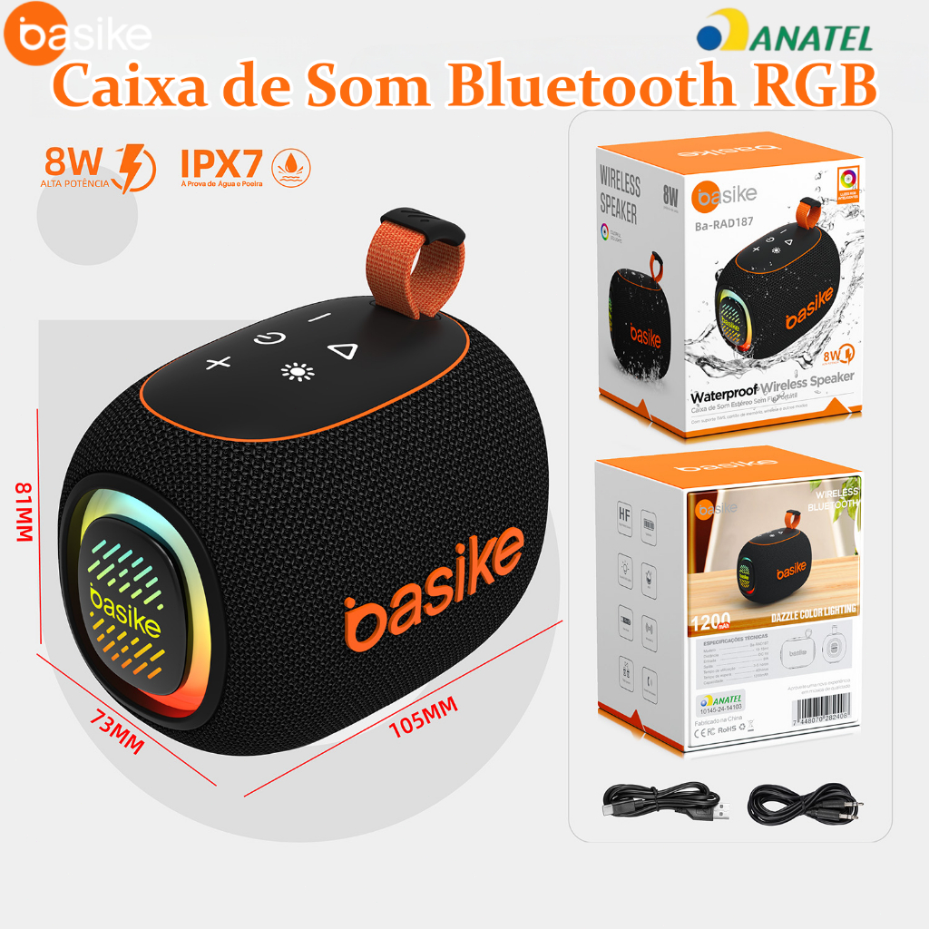 BASIKE Caixa de Som Bluetooth RGB TWS 8W Potente Portátil