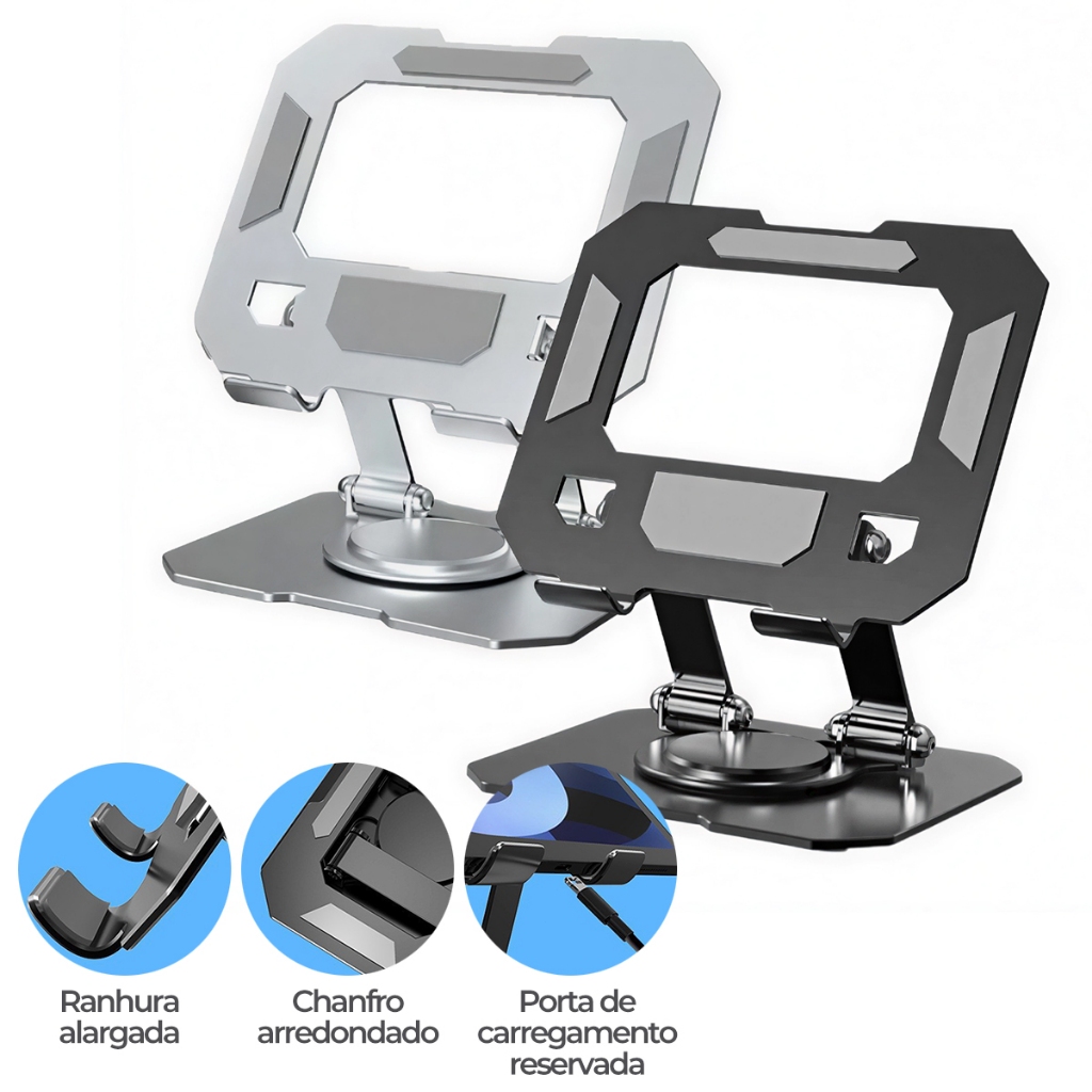 Suporte Tablet IPad Totalmente Alumínio De Mesa Base Rotatória Ajustável Dobrável 360º