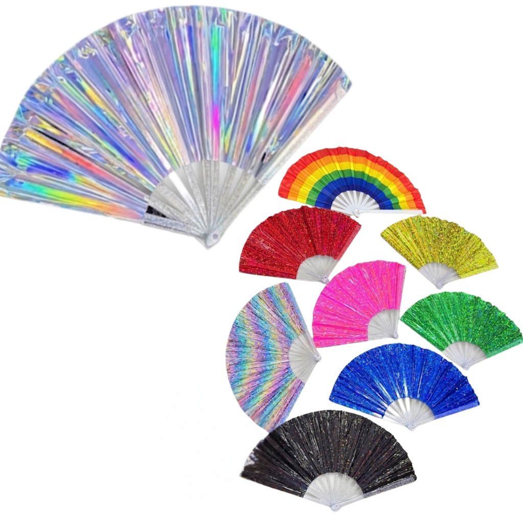 Leque Grande Brilho Holográfico Arco Iris Raves Baladas Festivais Calor Show Carnaval LGBTQIA+ Decoração