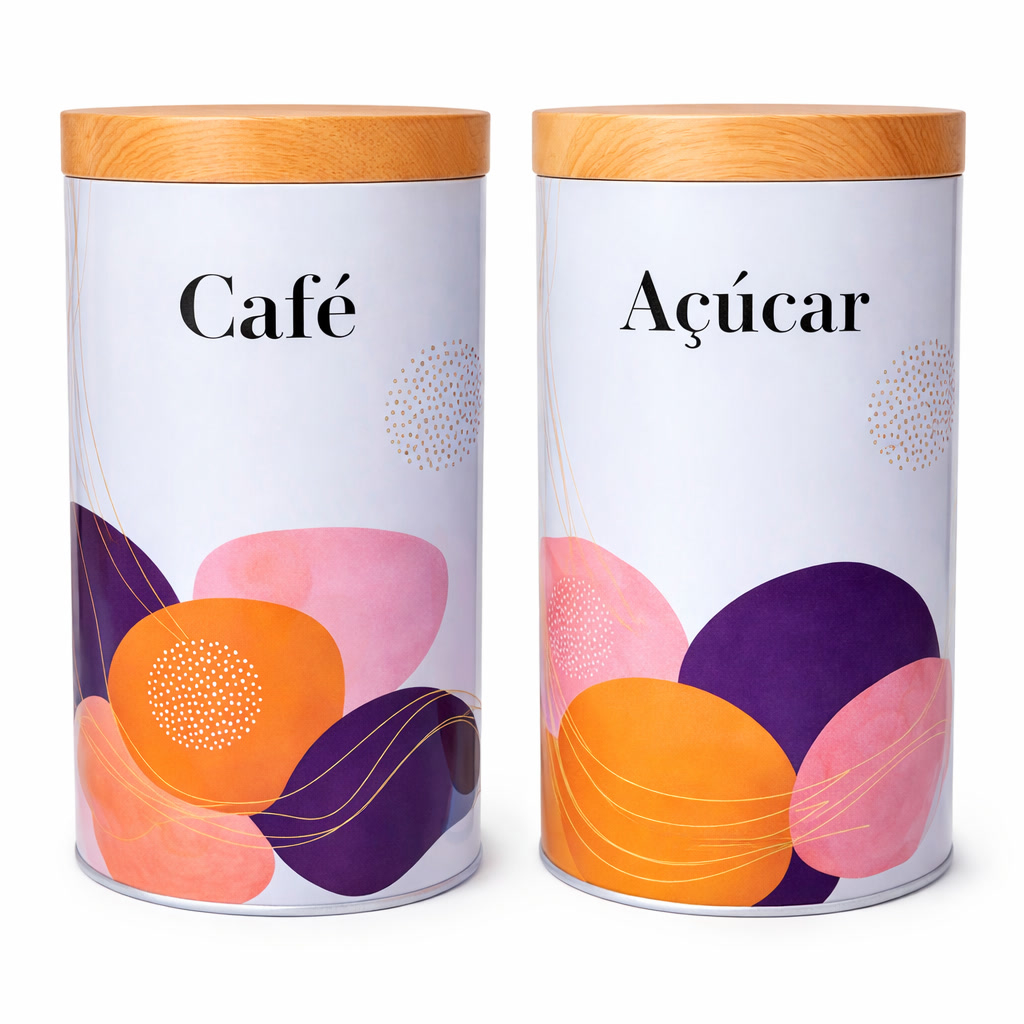 Kit Latas Café e Açúcar 2 Peças Branco 18cm | Potes Organizadores Herméticos Cozinha | Porta Mantimentos Moderno