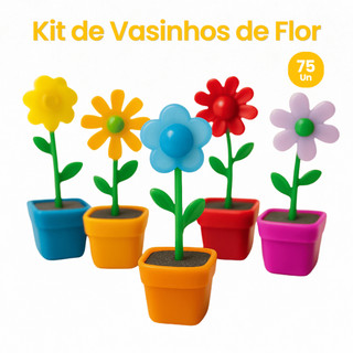 Kit Vasinhos de Flor Brinquedo Mini Vaso Florzinha Colorida Enfeite Lembrancinha Festa Decoração