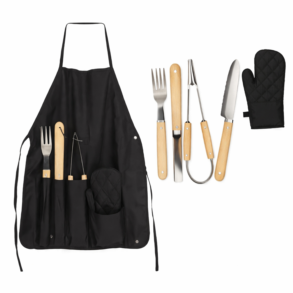 Kit Churrasqueiro 5 Peças com Avental Profissional Acessórios BBQ