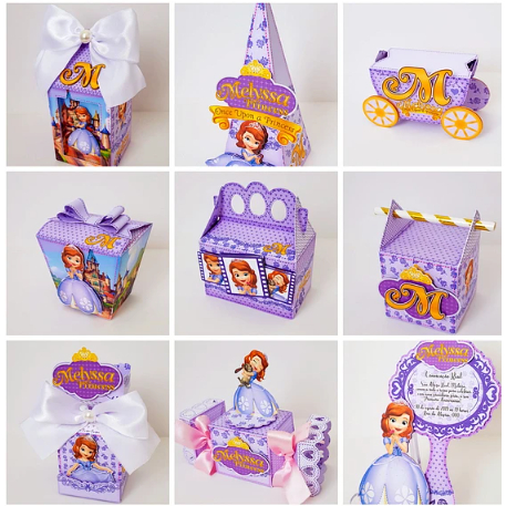 Kit Festa Infantil Personalizado Princesa Sofia Lembrancinhas Caixas Com Nome e Idade, + BRINDE