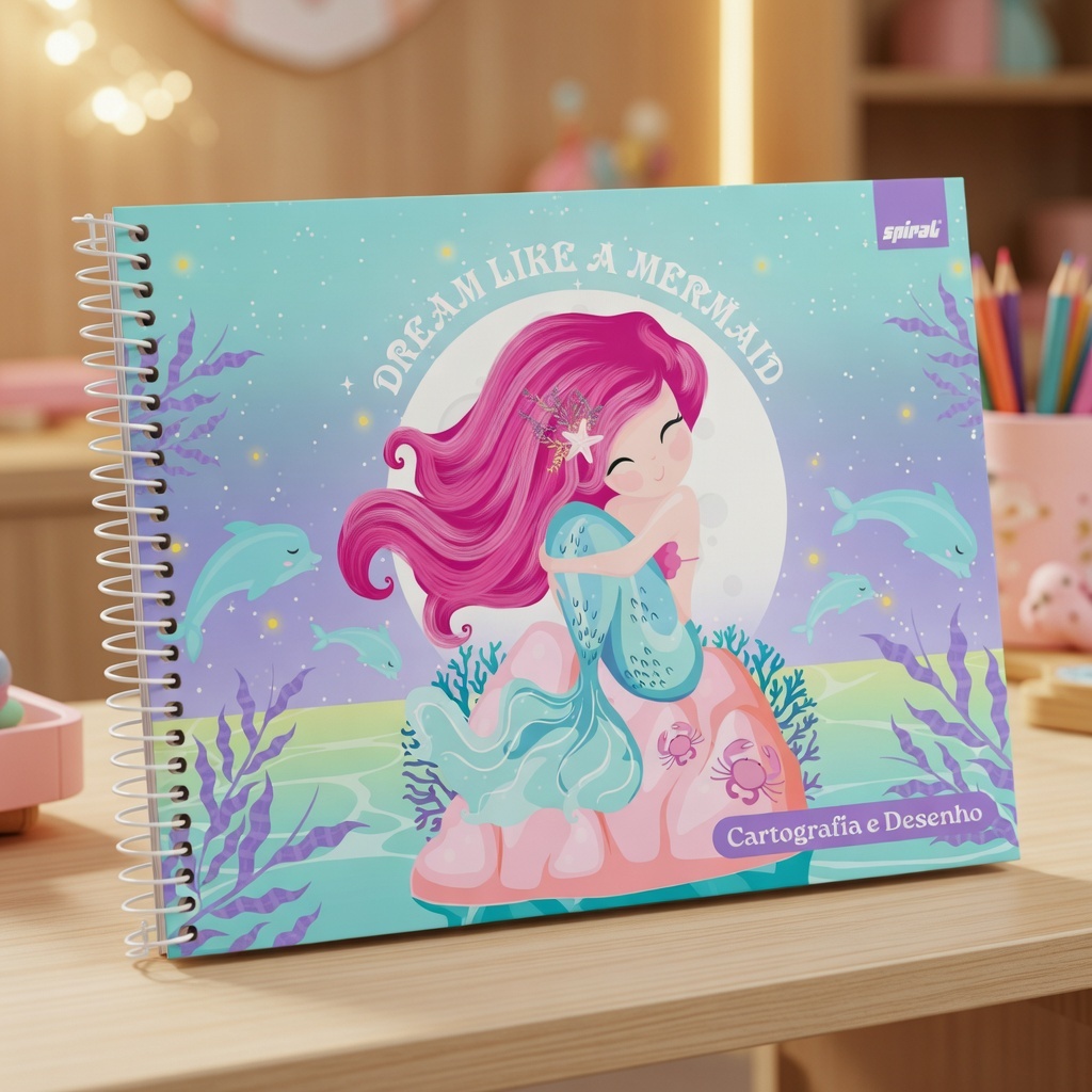 Caderno de Desenho Sereia Cartografia 48 Folhas Capa Dura Rosa Lilás Verde Azul Menina Aula Artes