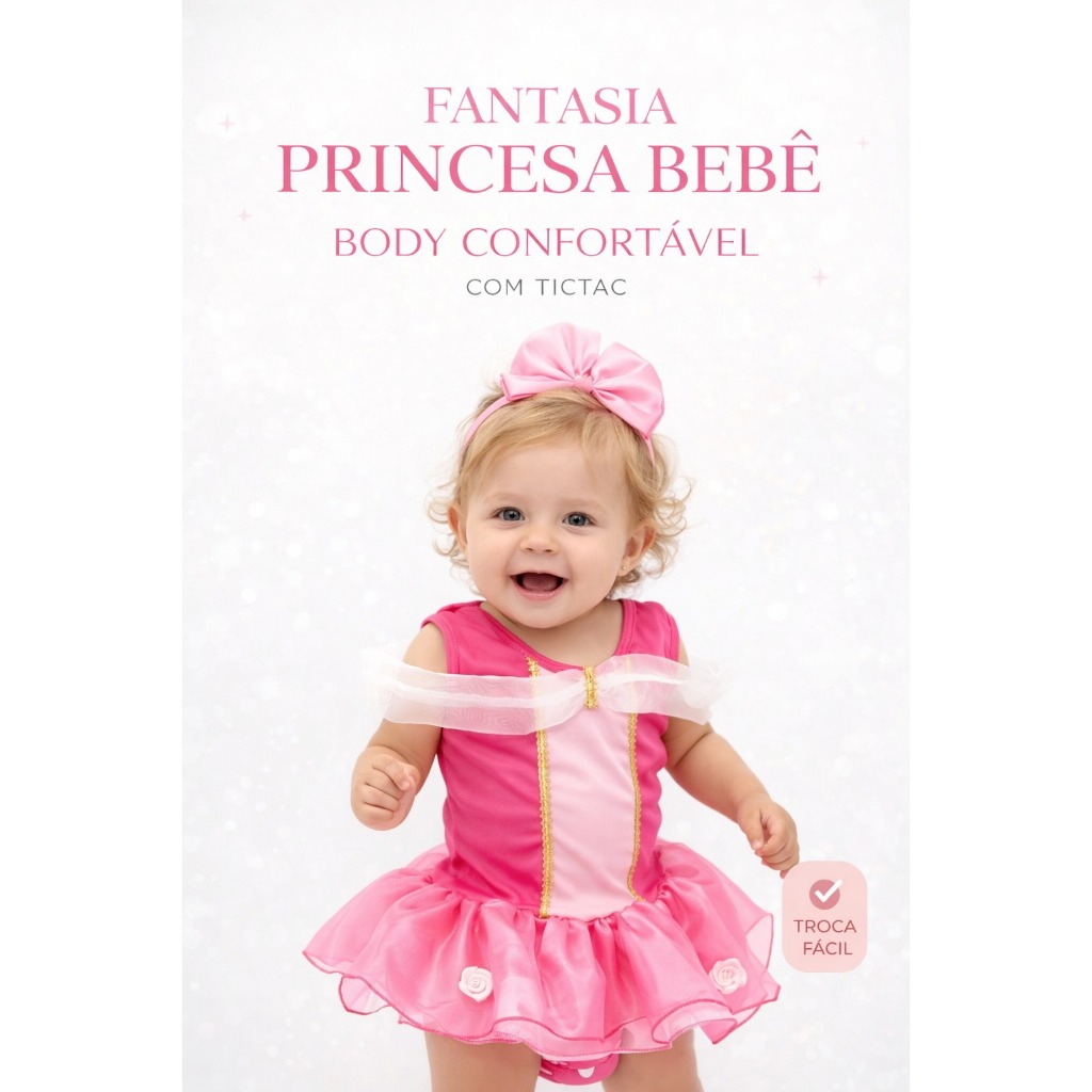 Fantasia Princesa Aurora Bela Adormecida Bebê Mesversario Vestido Rosa Body com tiktak  Saia
