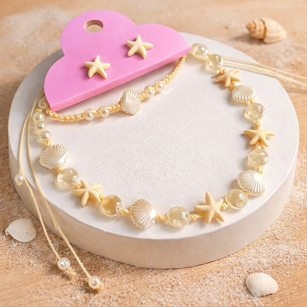 Kit Colar Choker + Brinco + Tornozeleira Praia Estrela do Mar Conchas Verão Feminino Tendência 2026