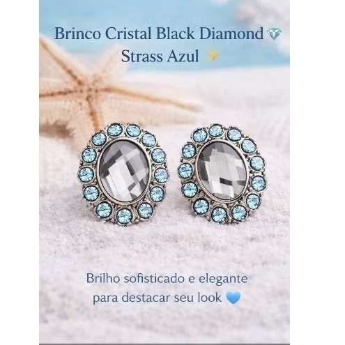 Brinco Feminino Artesanal com Strass Azul e Pedra Central Black Diamont