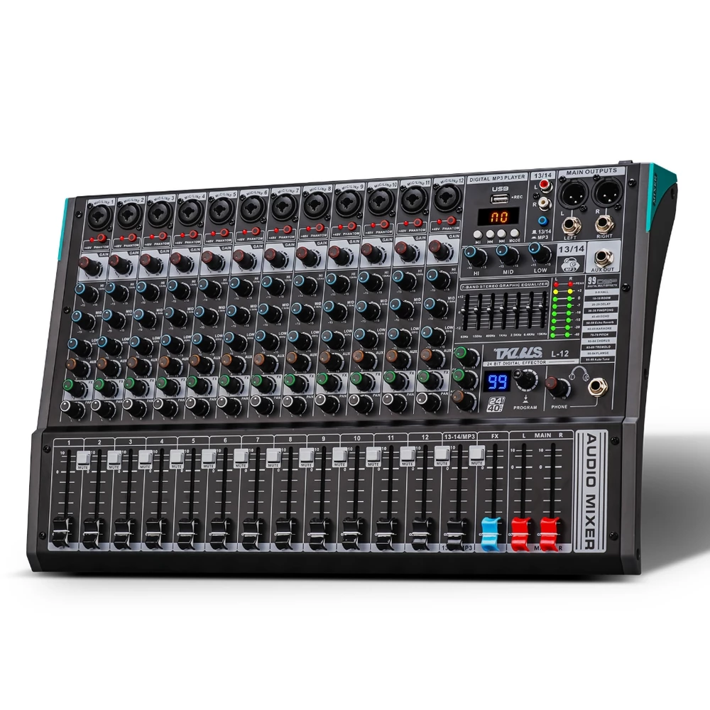 Mesa de Som Profissional 12 Canais com Bluetooth USB para Computador Equalizador 48V Phantom e 99 Efeitos TKL