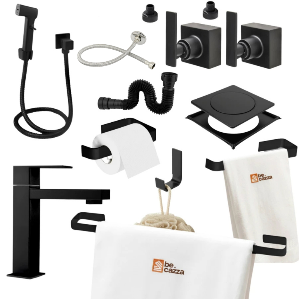 Kit Banheiro Preto Fosco Completo 11 Peças com Torneira, Ducha, Ralo, Sifão e Acessórios Toalheiros