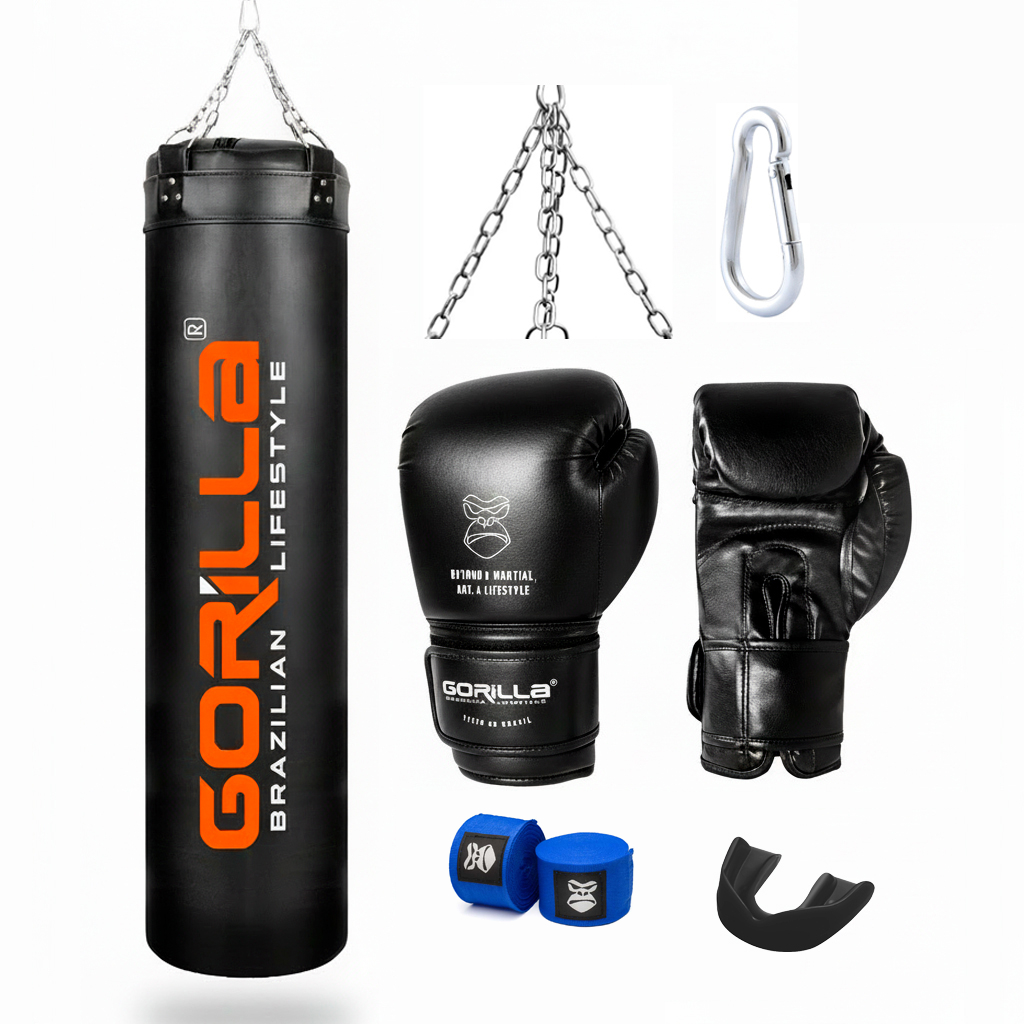 Saco de Pancada 160cm Gorilla Profissional+Luva de Boxe 12OZ +Bandagem elástica 3mts+ Protetor Bucal