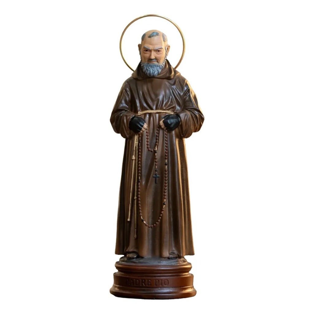Nova Imagem de São Padre Pio Com Auréola Resina 25cm