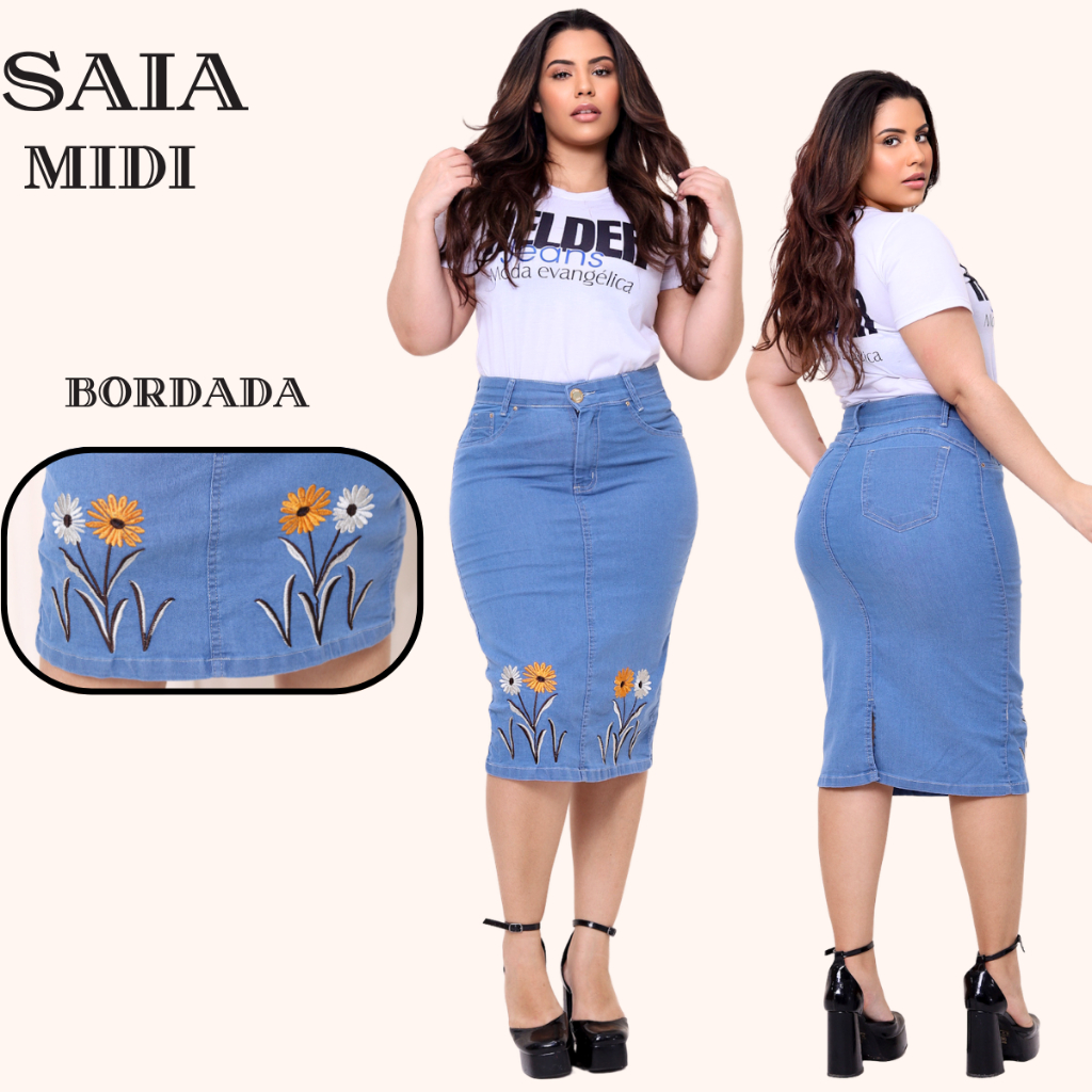 Saia Jeans Midi Evangelica Com Bordada No Abanhado Cintura Alta com Lycra Na Cor Cristal