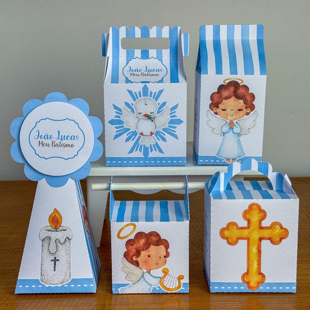 Kit Caixinhas Papelaria Personalizada Batizado azul Lembrancinha Surpresa Aniversário Festa Infantil Desmontado