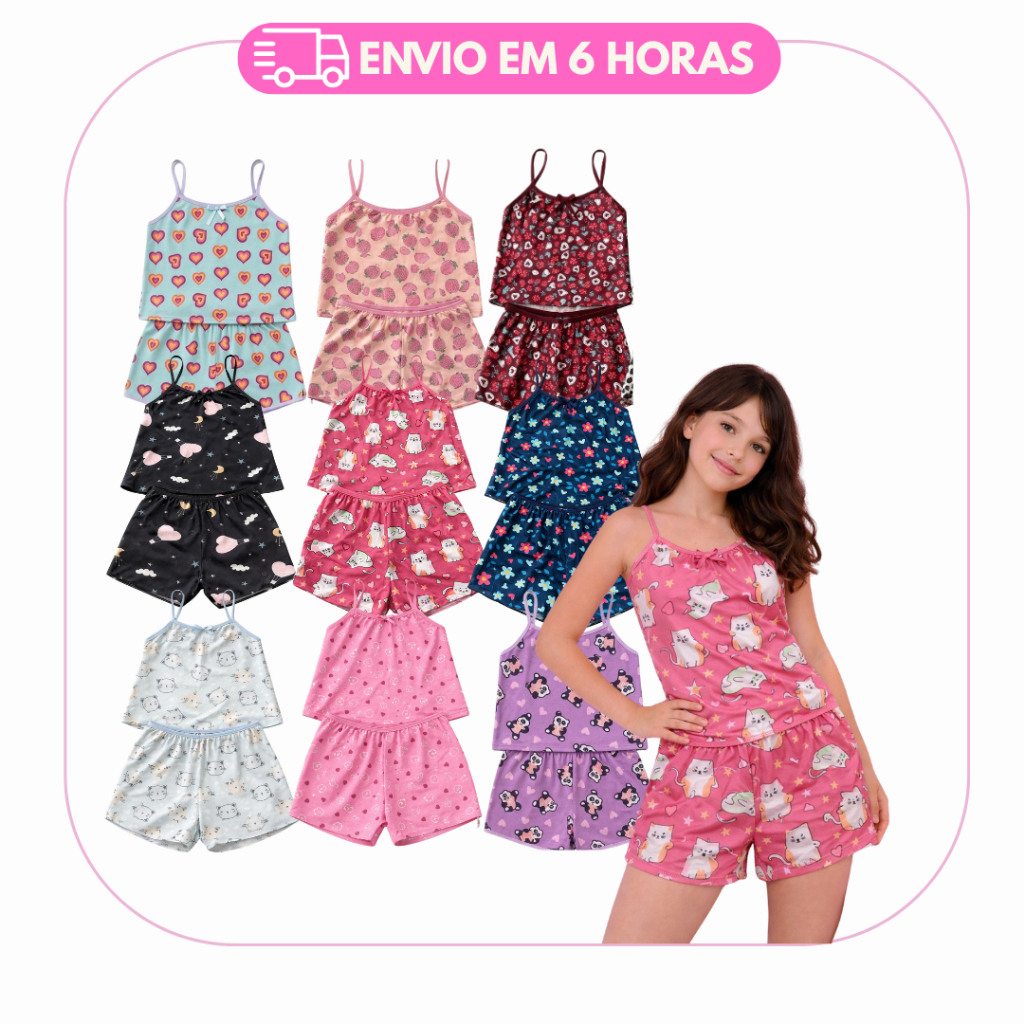 Kit 3 Pijama Infantil Baby Doll Personagem Short Dool Blusa Conforto Estampado Oferta Conforto