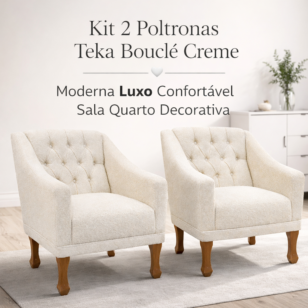 Kit 2 Poltronas Teka Bouclé Creme 🤍✨ Luxo Confortável Sala Quarto Decoração