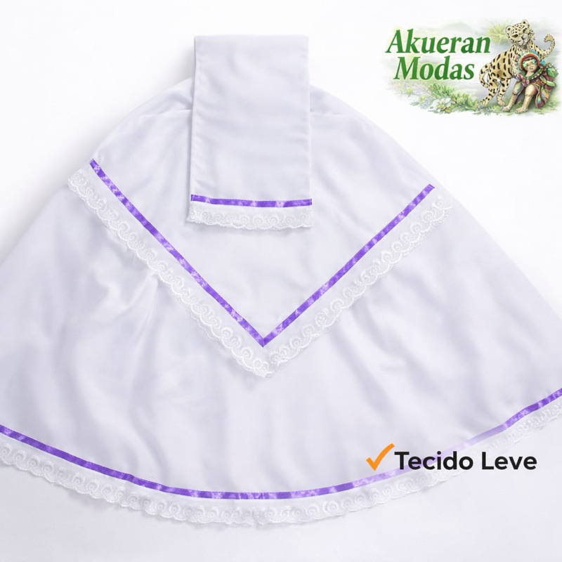 Conjunto 3 Peças Branco Umbanda e Candomblé – Saia, Pano da Costa e Pano de Cabeça com Bordado Inglês e Fita lilás.