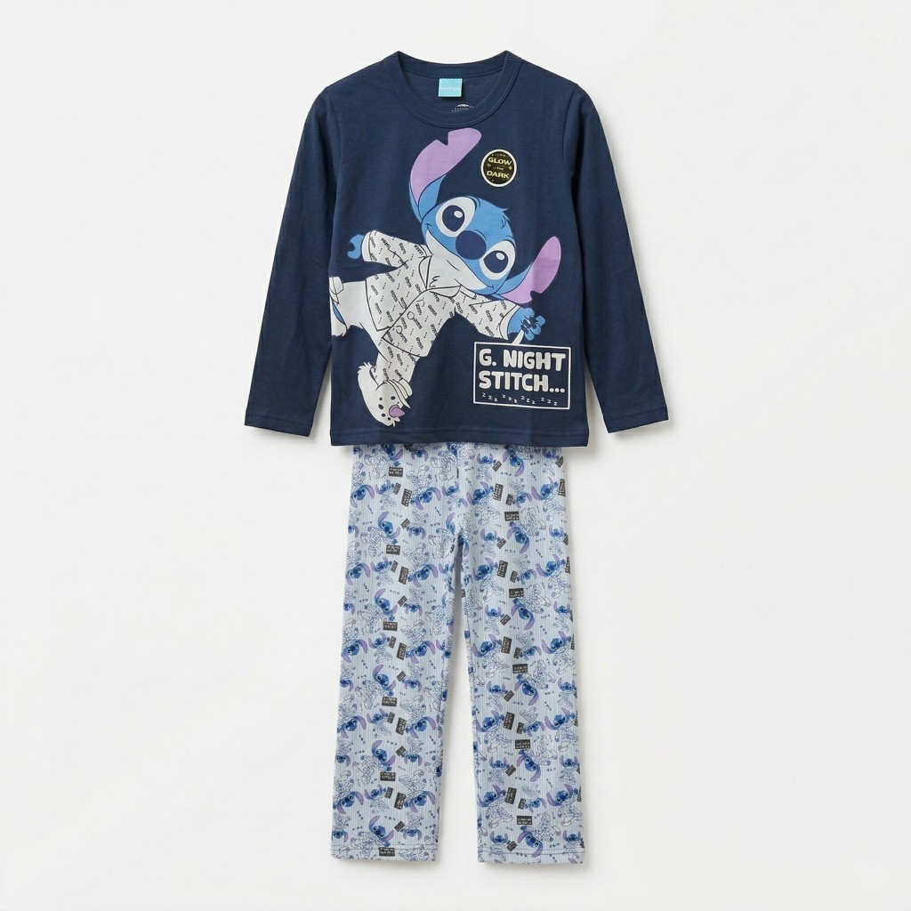 Pijama Infantil Masculino Stitch Brilha no Escuro Algodão Manga Longa Azul 2 a 10 Anos