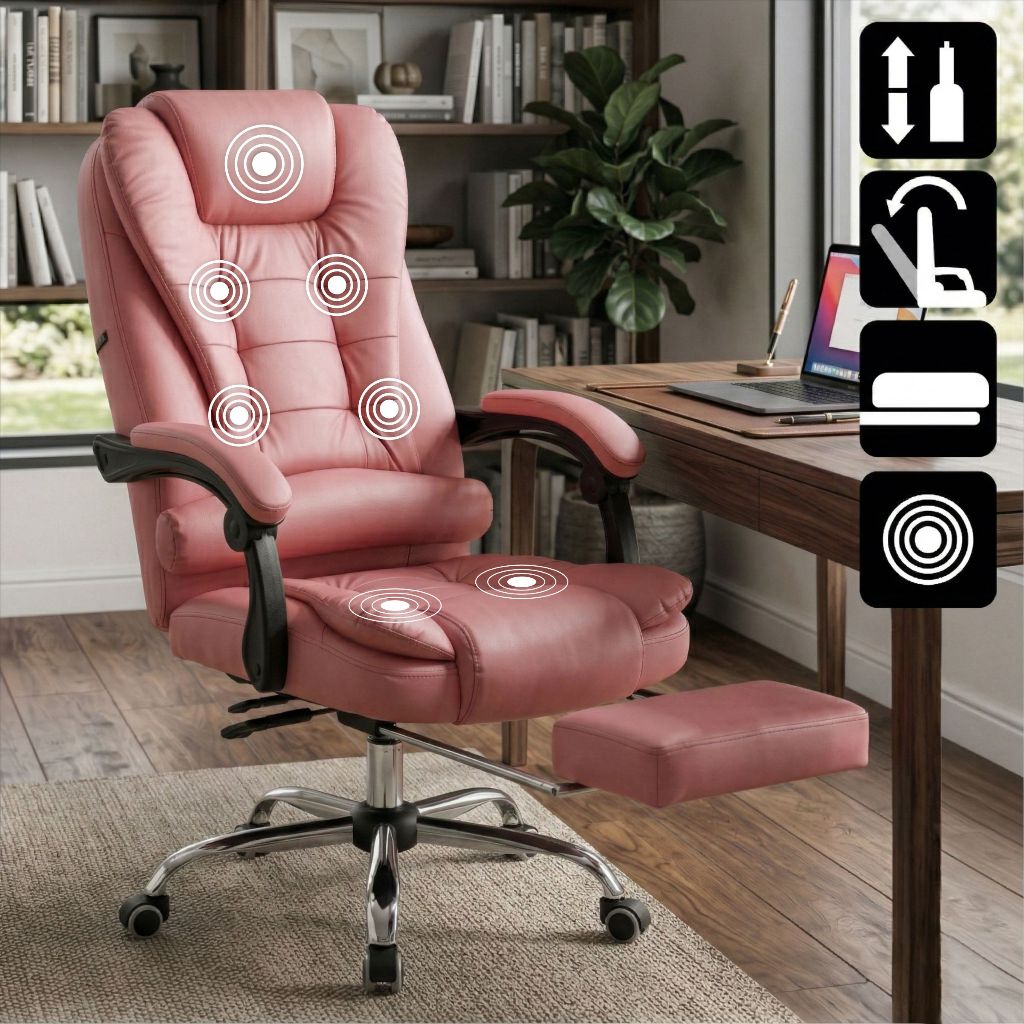 Cadeira De Escritório Presidente Com 7 Pontos Massagem Confortável Rosa Ajustável Com Apoio Dos Pés