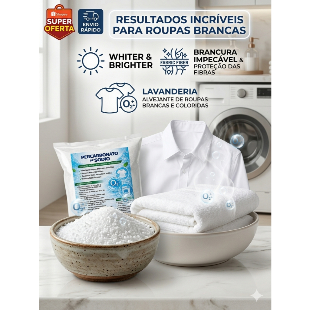 KIT 2 Percarbonato de Sódio Puro 1kg - Alvejante Oxigênio Ativo Tira Manchas e Desengordura — imagem 2 de 2