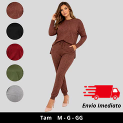 Conjunto de Frio Feminino Lanzinha 2 Peças Calça Jogger e Blusa Mulet Manga longa, Malha Tricot, Abrigo para inverno qte
