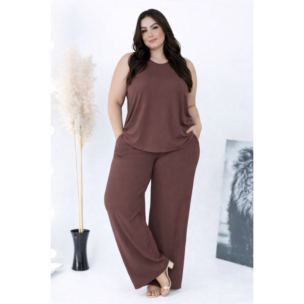 Conjunto Feminino Plus Size Duas Peças Pantalona Com Blusa Confortável Regata Blusa Sem Manga Elegante Duna Casual g1 g2