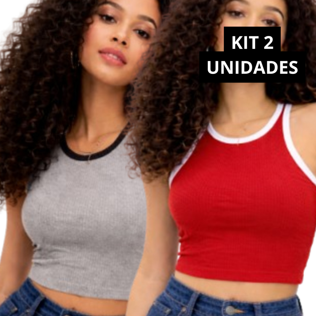 Cropped Feminino Malha Canelada Bicolor  KIT 2 PEÇAS | Regata Reta Justa | Moda Casual e Estilosa
