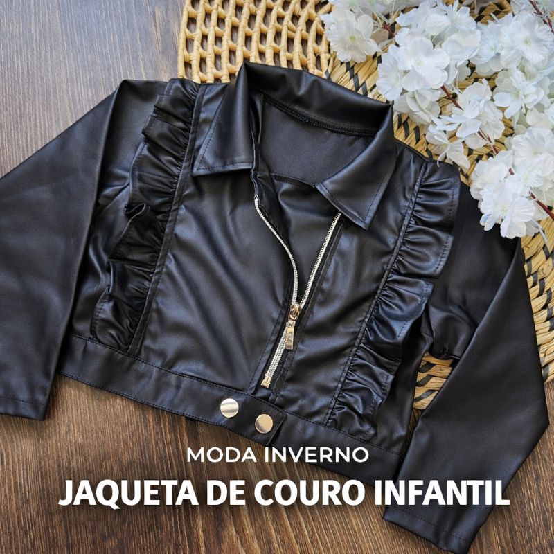 Jaqueta Infantil Feminina Couro Sintetico Preta com Babado Ziper Moda Inverno 2 ao 10 Anos