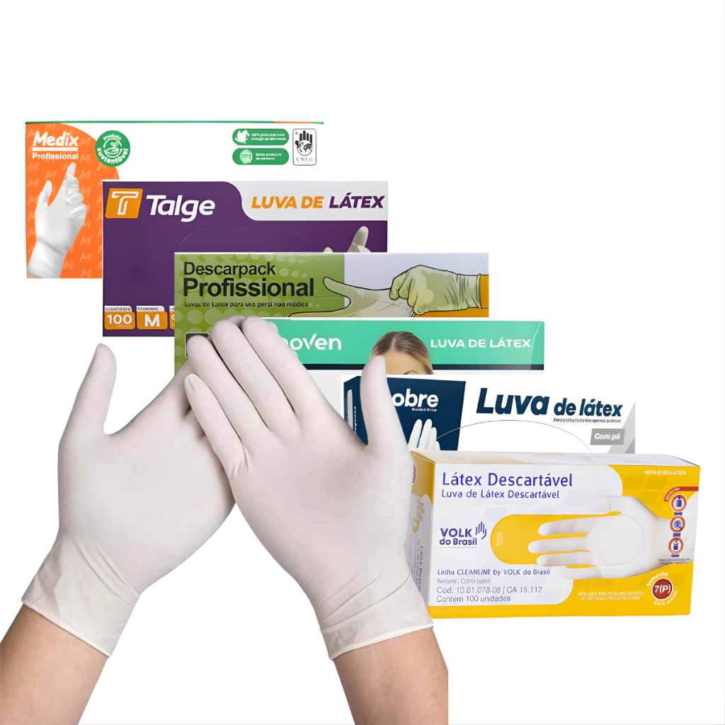 Kit Até 3 Caixas Luva de Látex Descartável Pó Profissional Tamanho PP/P/M/G 100 a 300 unidades