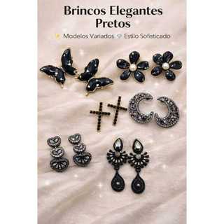 Brincos Femininos Pretos Elegantes Luxo Vários Modelos Argola Cruz Coração Flor Olho Grego