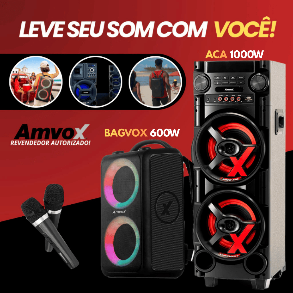 Caixa Som Amplificada Bluetooth Amvox 600W 1000W 1100W Portátil 2 Microfones ACA 600 bag 1000 New X 1100 Duplo 8 Black
