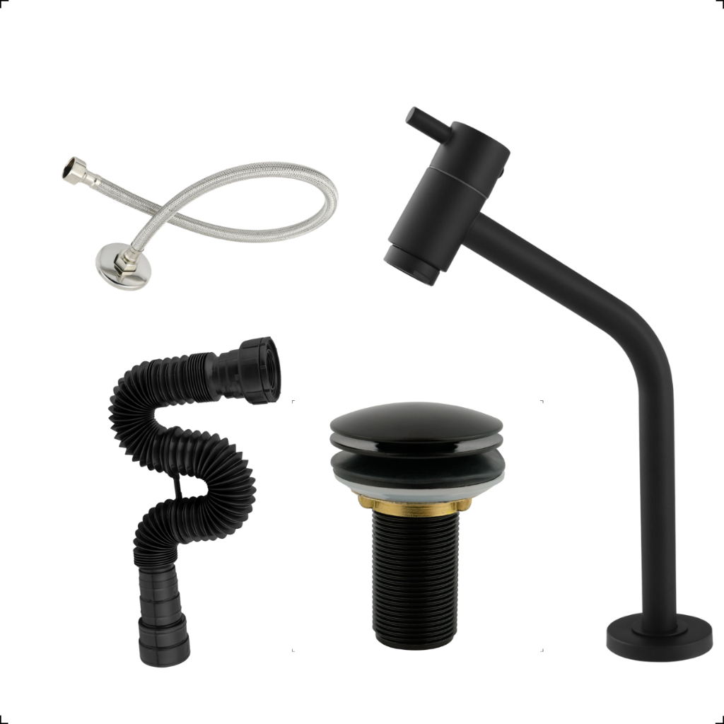 Kit Torneira Lavatório Alta Bancada Banheiro Lavabo Preta