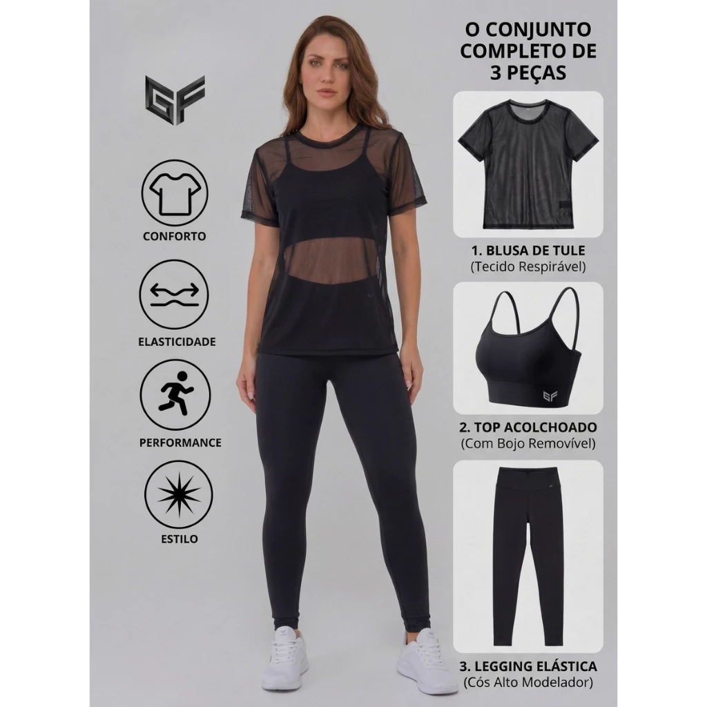 Kit para Academia Feminino de 3 Peças: Top com Bojo + Calça Legging + Camisa de Tule Transparente Tendência 2026 — imagem 1