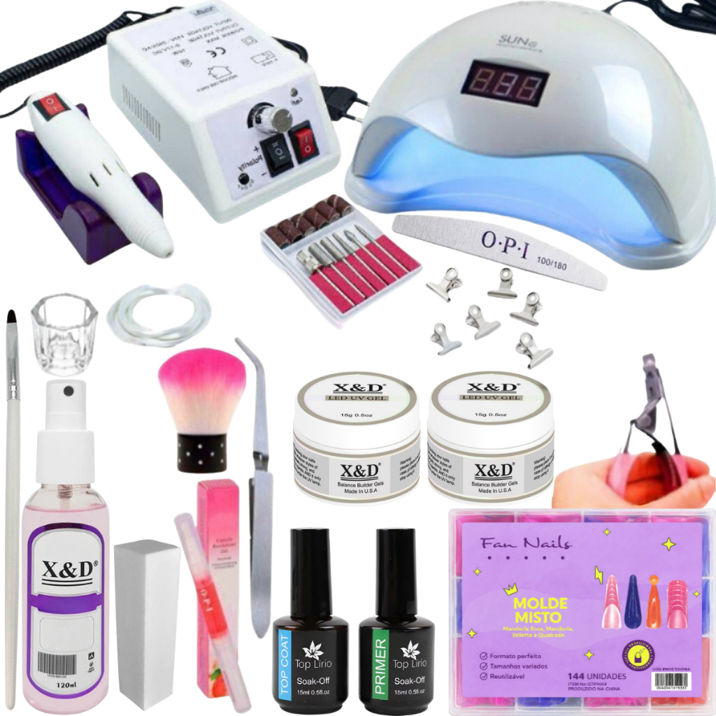 Kit Completo Alongamento Unha Gel e Fibra com Lixadeira Elétrica Mercedes 20.000 RPM – Profissional Manicure