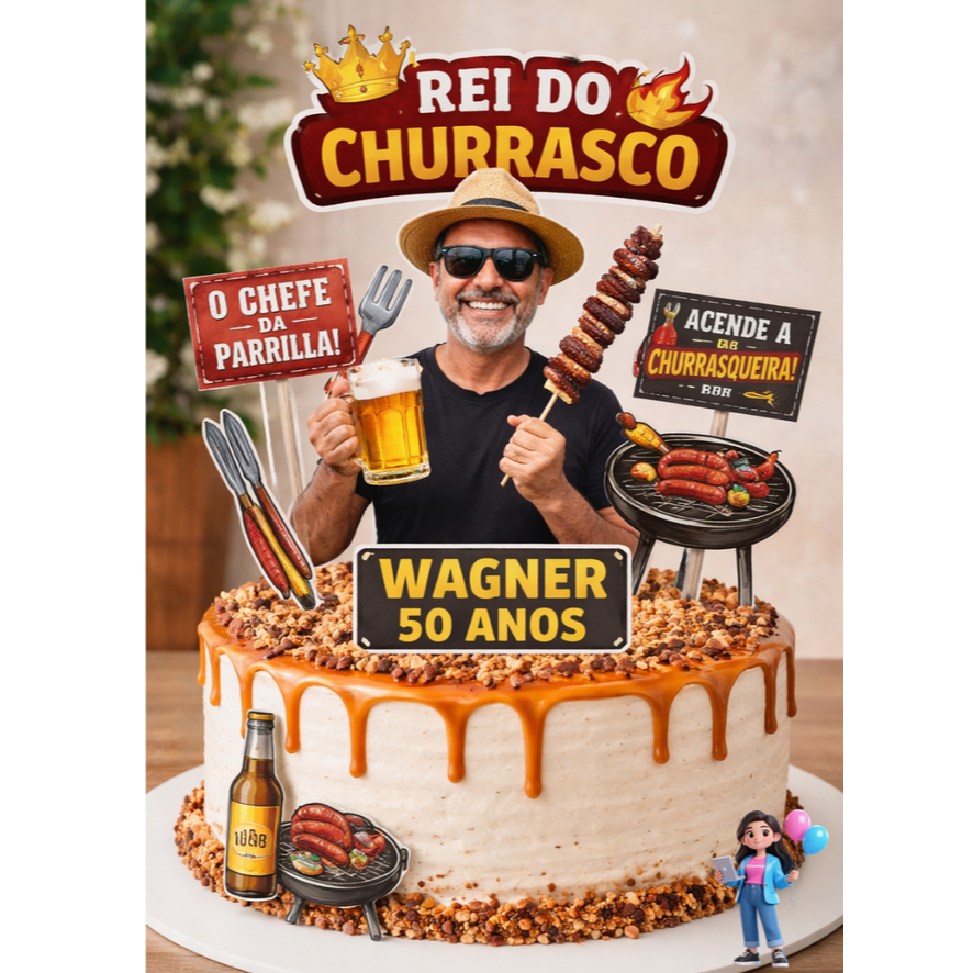 Topo Topper de Bolo Personalizado com foto - Tema Rei do Churrasco
