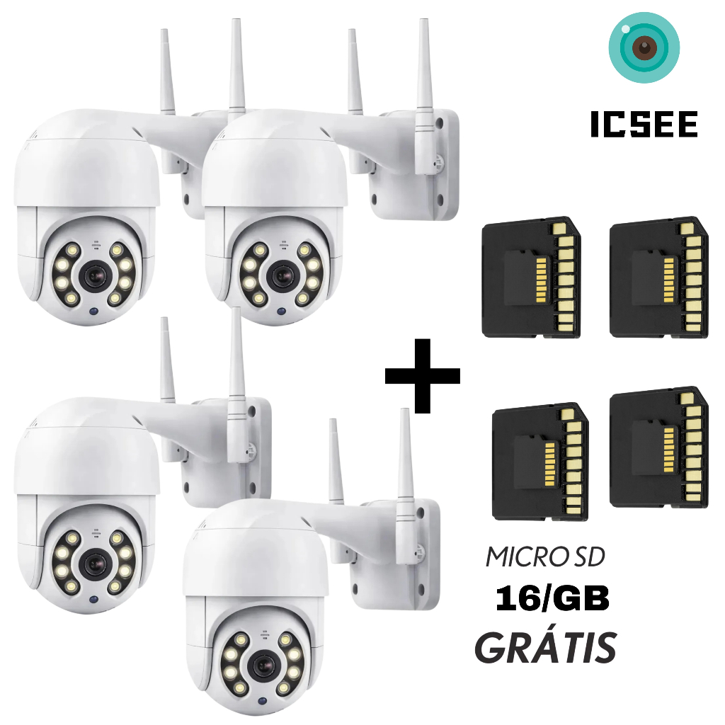 Kit4 Câmeras Segurança IP WiFi Externa iCSee Infravermelho Prova D’Água +Cartão MicroSD 16GB