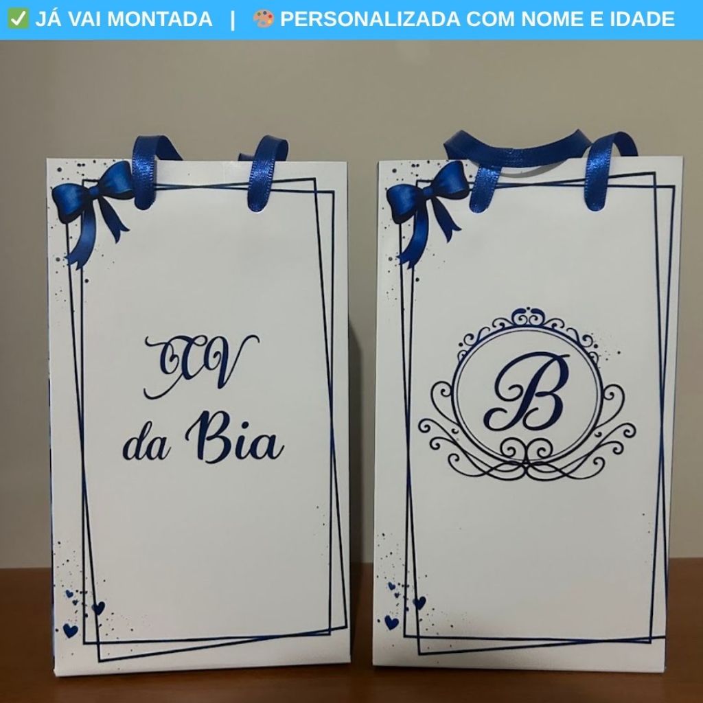 Sacolinha Personalizada Surpresa 15 Anos Azul e Branco Laço Lembrancinha Aniversário Debutante