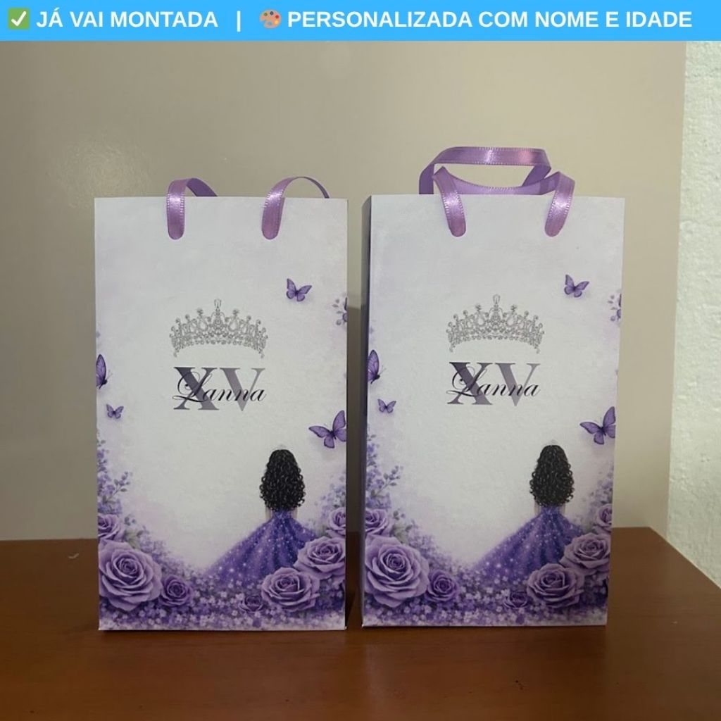 Sacolinha Personalizada Surpresa XV Anos 15 Anos Lilas e Roxo Lembrancinha Aniversário Debutante