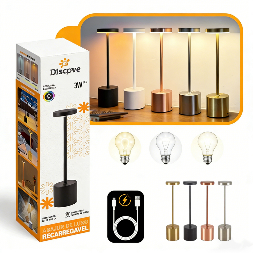 Luminária de Mesa Candeiro Dumbbell Touch de Quarto Luxuosa 3 Tons de Led Recarregável USB